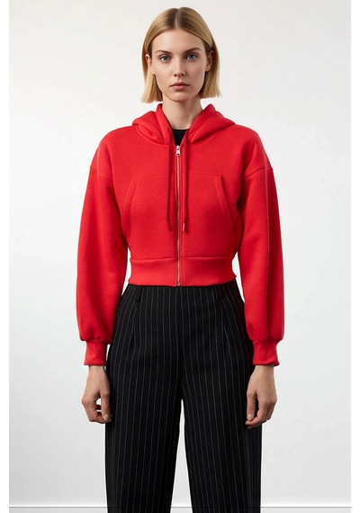 Benerly Kadın Kapüşonlu Düşük Kol Fermuarlı Örme Sweatshirt Fonksiyonel D Kırmızı