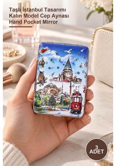 3 Adet El Aynası Taşlı İstanbul Tasarımı Kalın Model Cep Aynası Hand Pocket Mirror Sarı