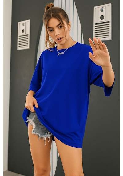 Düz Oversize Unisex Tişört Ycb1 Saks Mavisi