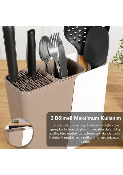 Çok Fonksiyonlu Mutfak Düzenleyici, 2-3 Bölmeli Ayarlanabilir Genişlik, Çatal Kaşık Bıçak Tutucu, 17-24 Cm Genişlik Krem Diğer