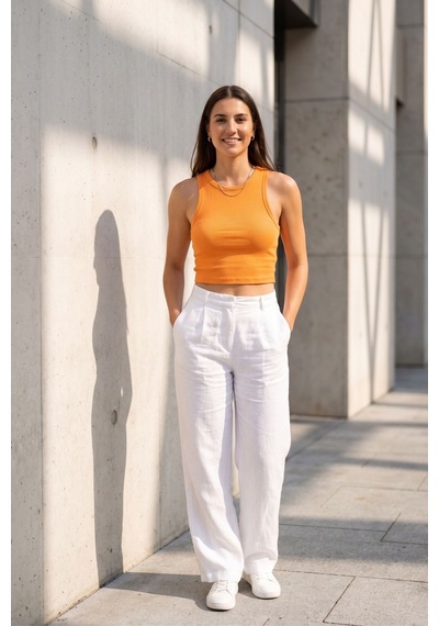 Kadın Turuncu Fitilli Crop Atlet Yüksek Bel Kombin Uyumlu Esnek Vücuda Oturan Yazlık Crop Bluz