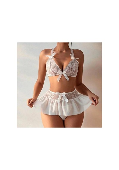 Mentra Online Özel Tasarım Beyaz Dantelli Fiyonklu Şık Babydoll