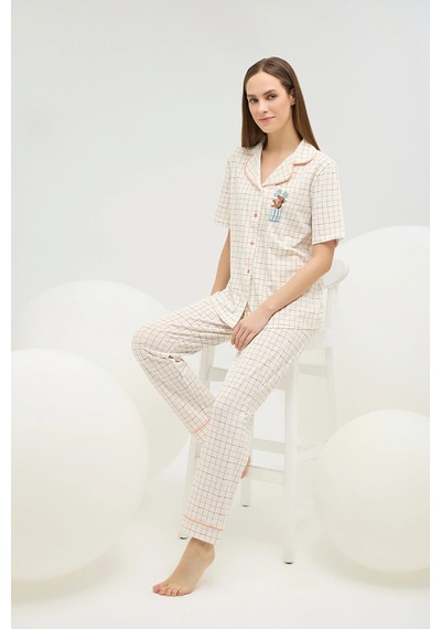 U.S. Polo Assn. 16608 Kadın Baskılı Düğmeli Pijama Takım Ekru