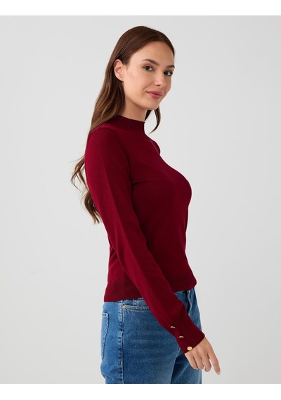 Jimmy Key Bordo Balıkçı Yaka Uzun Kollu Düğme Detaylı Triko Kazak 5ww134588562