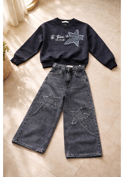 Uğur Bebe Kız Çocuk Yıldız Aplikeli Sweatshirt Jean Pantolon Takım Yıldız Detaylı Wide Leg Pantolonlu Kombin Siyah Siyah Uğur Bebe Kız Çocuk Yıldız Aplikeli Sweatshirt Jean Pantolon Takım Yıldız Detaylı Wide Leg Pantolonlu Kombin Siyah Siyah