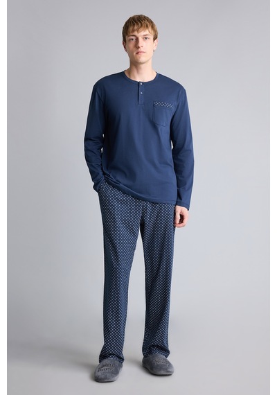 Defacto New Regular Fit Henley Yaka Cepli Uzun Kollu 2li Pijama Takımı I2490ax26aunv135 Lacivert-nv135
