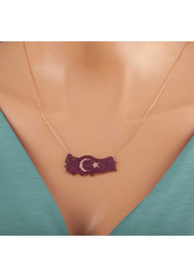 925 Ayar Gümüş Türkiye Haritası Ay Yıldız Kadın Kolye Renkli