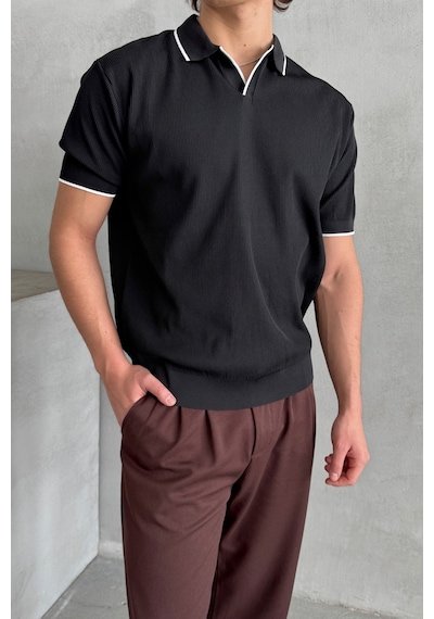Erkek Oversize Selanik Polo Yaka Triko T-shirt Siyah