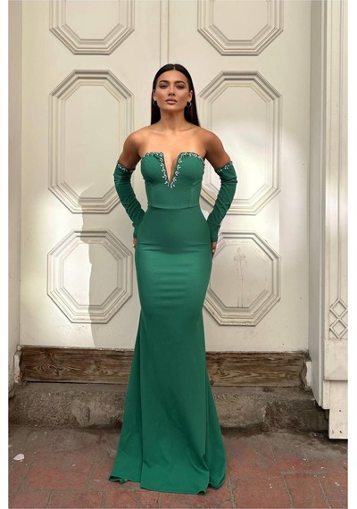 DefyModa Kadın Krep Kumaş V Yaka Balık Kesim Abiye Elbise Zümrüt