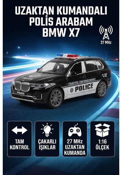 1:16 Ölçekli Şarjlı Bmw X7 2.4 Ghz Full Fonksiyon Uzaktan Kumandalı Işıklı Polis Aracı Siyah