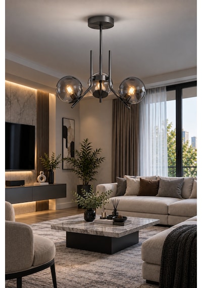 Aura Modern Tasarımlı 3'lü Gri Renkli Füme Camlı Salon, Mutfak, Oturma Odası Avizesi