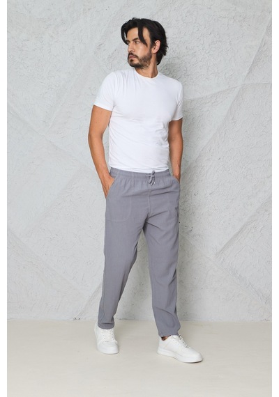 Blayn Jeans Erkek Haki Jogger Pantolon Beli Lastikli Bağcıklı %100 Pamuk Keten Baggy Rahat Günlük Pantolon gri