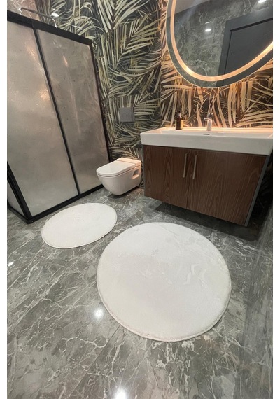 2li Yuvarlak Banyo Paspası Klozet Seti Takımı 80x80 Ve 100x100 Beyaz
