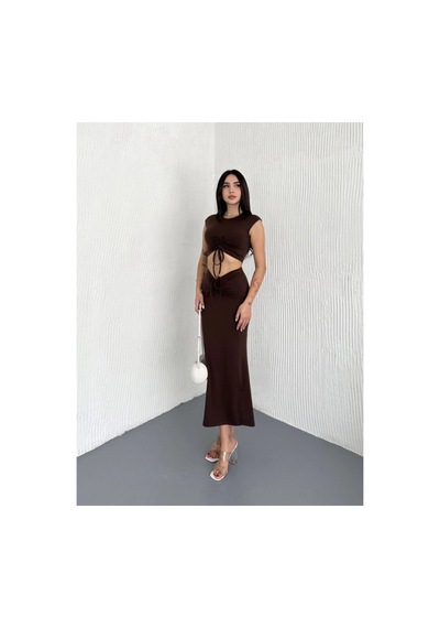 Osy Modal Yumuşak Dokulu Kumaş Büzgülü Crop Etek Takım -kahverengi