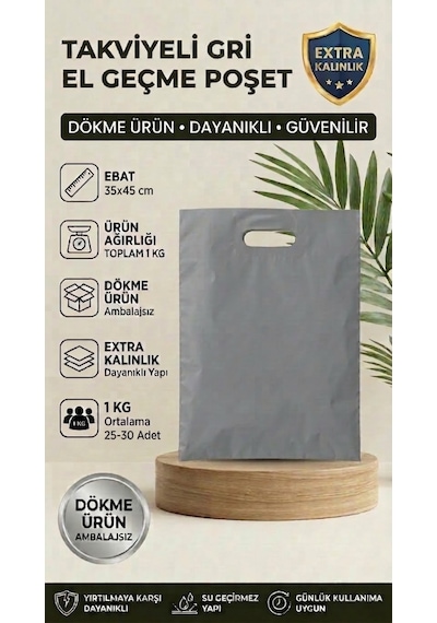 35x45 Gri Takviyeli El Geçme Poşet 1kg