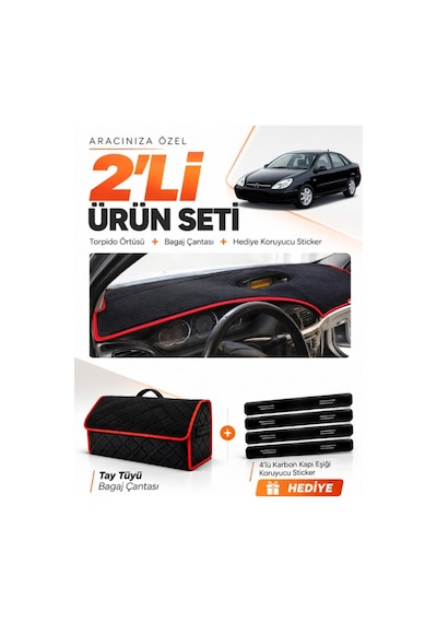 Citroen C5 2001-2004 Uyumlu Torpido Örtüsü + Tay Tüyü Bagaj Çantası + Sticker Seti - Siyah Kırmızı