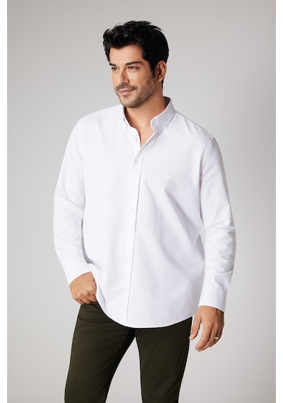 Erkek Beyaz Slim Fit Dar Kesim Oxford Düğmeli Yaka Armürlü Pamuklu Gömlek Beyaz