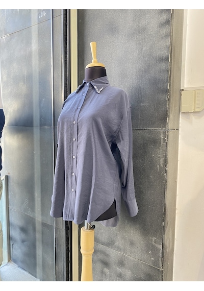 Pera Moda Yakası Taşlı Modal Kumaş Oversize Kadın Gömleği Antrasit