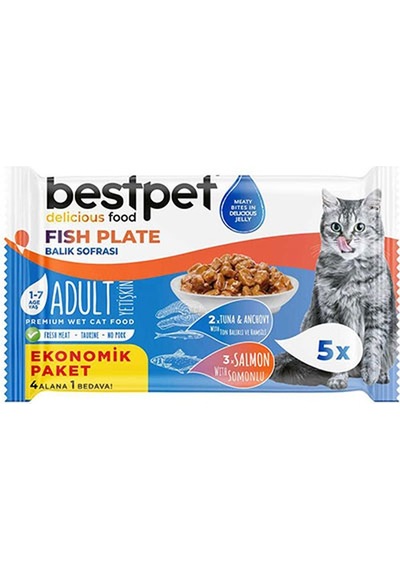 Bestpet Somonlu Ton Balıklı Ve Hamsili Tahılsız Yetişkin Kedi Konservesi 5 x 85 G
