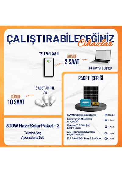300w Solar Paket - 2 Telefon Şarj Ve Aydınlatma Seti + 55w Monokristal Panel + Pwm Şarj Kontrollü 300w Solar Paket - 2 Telefon Şarj Ve Aydınlatma Seti + 55w Monokristal Panel + Pwm Şarj Kontrollü