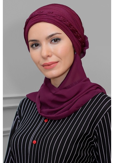 Hürrem Bone Şarabi Pratik Hazır Geçmeli Tesettür Bone Fukuro Piliseli Örgülü Şifon Atkılı 1825a 08 Bordo