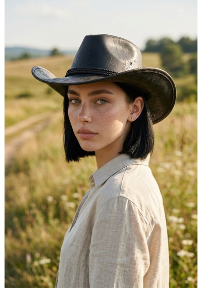Gigi Luxe Vegan Deri Unisex Kovboy Şapkası Vintage Western Tarz Geniş Kenarlı Premium Kalite Siyah Siyah
