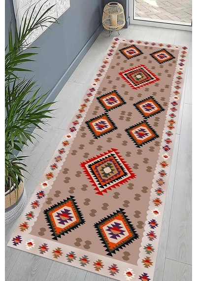 Pelangi Kilim Desenli Etnik Dijital Baskı Yıkanabilir Kaymaz Taban Modern Salon Halı Ve Yolluk, Bej 60 X 200, 9554118 Çok Renkli