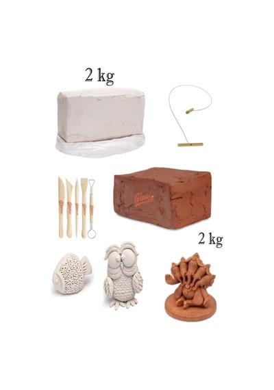Doğal Kırmızı Kil Seramik Çamuru 2 Kg Vakumlu Seramik Çamuru Beyaz 2 Kg Kesme Teli Ebeşuar Set