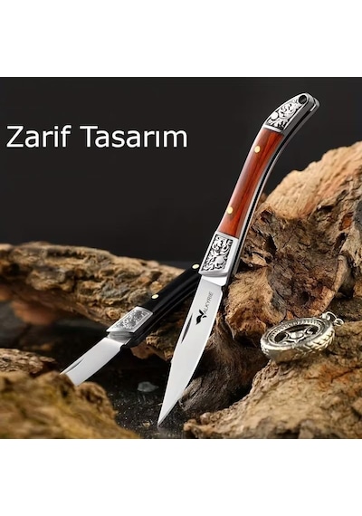 Valkyrie Mini Çelik İşlemeli Katlanır Outdoor Cep Kamp Bıçağı Şık Tasarım, Taşıması Kolay Ahşap Siyah Siyah
