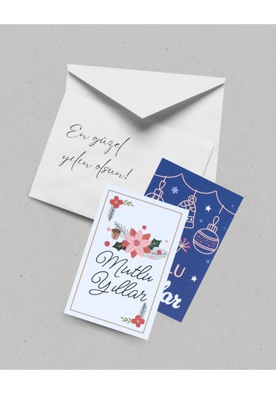 Yılbaşı Mutlu Yıllar Yazılı Hediye Kart Seti, Çiçek Temalı Paketleme Kartı, 25 Adet-6,5x10 Cm, Beyaz