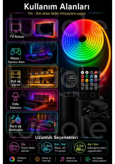 Onerous 1 M Rgb Neon Led Şerit, Müzik Kontrollü, 20 Tuş Kumandalı