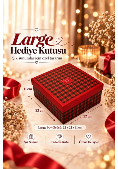 Kolix Hediyelik 3'lü Dekoratif Kutu Kırmızı-siyah İskoç Desen Premium Paketleme Kutusu