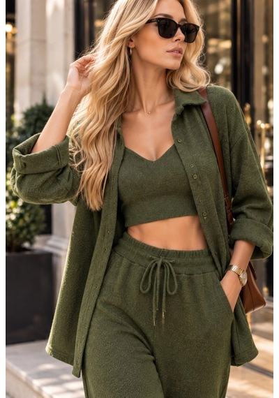 Tencelle Woman Kadın Haki Örme 3 Lü Takım Gömlek Büstiyer Ve Bol Paça Pantolon Set