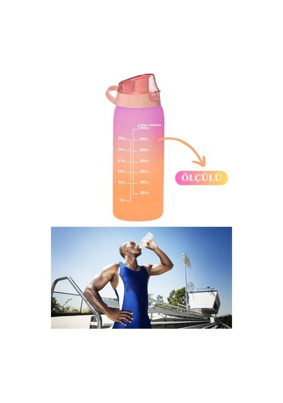 Flosoft Okul Ve Sporcu Matarası Suluk, Motivasyonel Su Şişesi 2 Li Set Turuncu 1000Ml+750 Ml