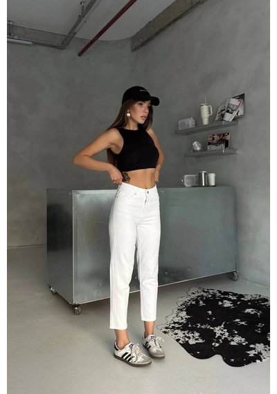Premium Beyaz Renk Mom Jeans Beyaz