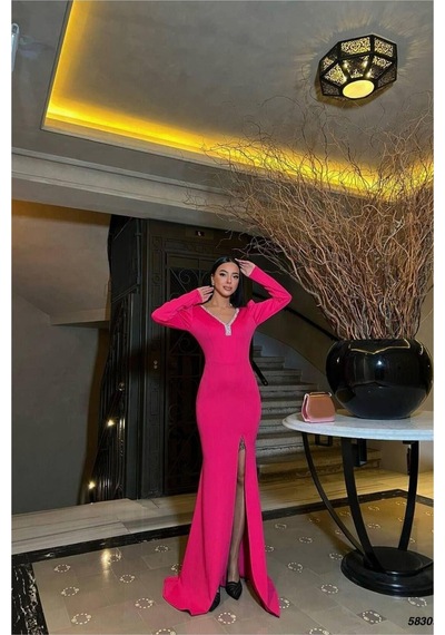 DefyModa Kadın V Yaka Taş Detaylı Uzun Kollu Abiye Elbise Fuşya