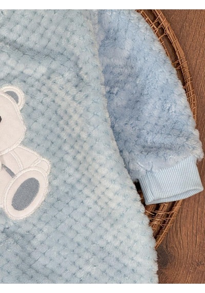 101 Dalmaçyalı Peluş Ayıcık Nakışlı Patikli Çıtçıtlı Kışlık Erkek Bebek Tulum Buz Mavi