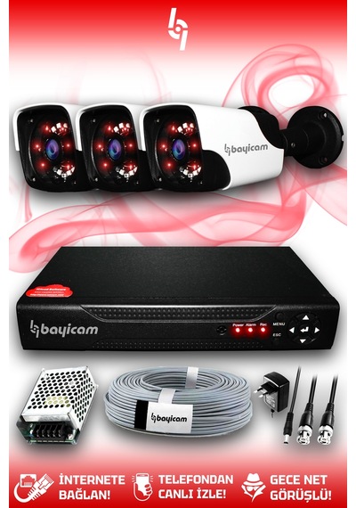 Bayicam 3 Kameralı Panda 3 Dış Kamera Set HDD'siz Full HD Gece Görüşlü Güvenlik Kamerası Sistemi