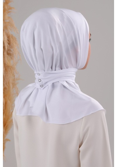Melodi Scarf Kadın Tesettür Pratik Çıtçıtlı Sandy Fular Deniz Havuz Uyumlu Hazır Bone Beyaz Beyaz