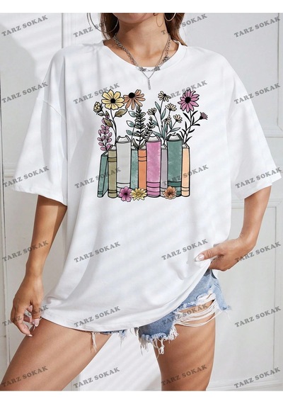 Startmore Unisex Bay Çiçek Desenli Düşük Omuz Tişört Kod-1315 Beyaz