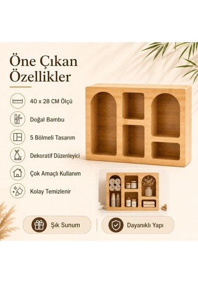Bambu Dekoratif Raf, 5 Bölmeli Masaüstü Organizer Ve Düzenleyici Genel