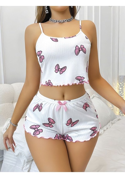 Terrien Premium Baskılı Model Ev Giysisi Doğum Günü Hediyesi Desenli Şortlu Pijama Takımı Beyaz - Pembe