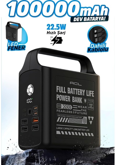 Pw-155 100.000mah Taşınabilir Enerji İstasyonu Powerbank 22.5w Hızlı Şarj Dahili Lightning + Type-c + Usb Kablo