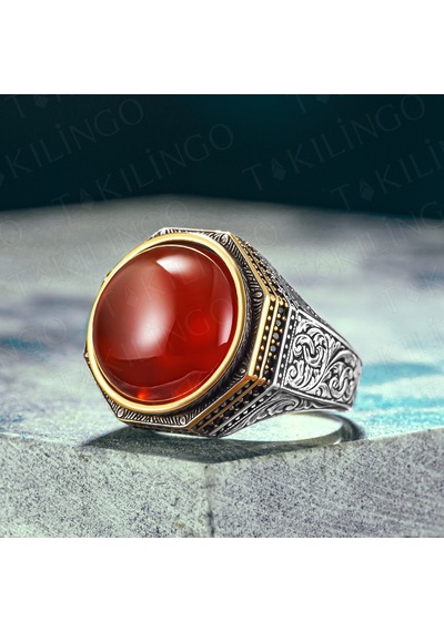 Takılingo 925 Ayar Gümüş Yuvarlak Kırmızı Akik Taşlı Erkek Yüzük Gümüş