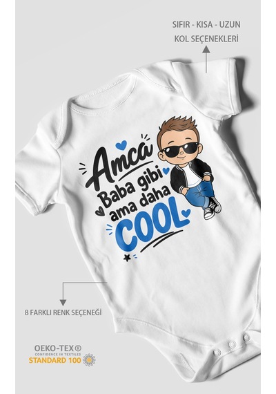 Morivokids Amca Temalı Kısa Kollu Bebek Body %100 Pamuk Beyaz