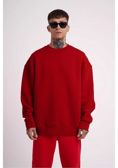 Erkek Biskilet Yaka Üç İplik Sweatshirt - Kırmızı