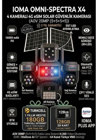 4 Kameralı, 4g Sim Kartlı, Yıllık 180gb Turkcell İnternet Ve 128gb Sd Kart Dahil, Çakarlı, Sirenli 2 Solar Panel