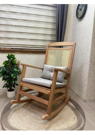 Asedia Veranda Naturel Krem Minderli Hasırlı Sallanan Sandalye Dinlenme Koltuğu
