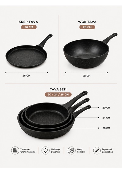 Terra Chef Set 5 Parça Döküm Granit Tava Seti 20-24-28 Cm Tava 28 Cm Wok Tava 26 Cm Krep Tava Siyah Yapışmaz Yüzey