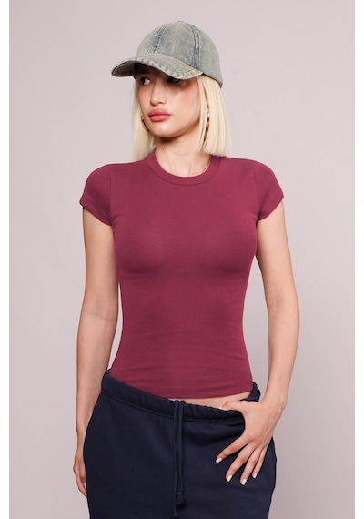 Bordo Bisiklet Yaka Basic Kadın T-shirt Mg2479 Bordo